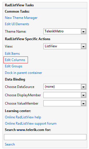 WinForms RadListView Columns option in Smart Tag