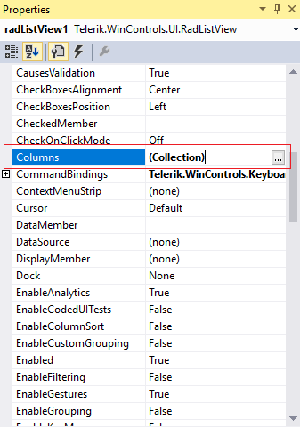 WinForms RadListView Columns option in Properties section