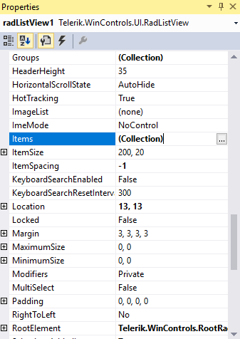 WinForms RadListView Items collection in Properties section