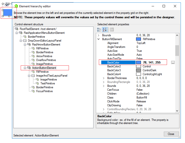 WinForms RadApplicationMenu Element hierarchy editor