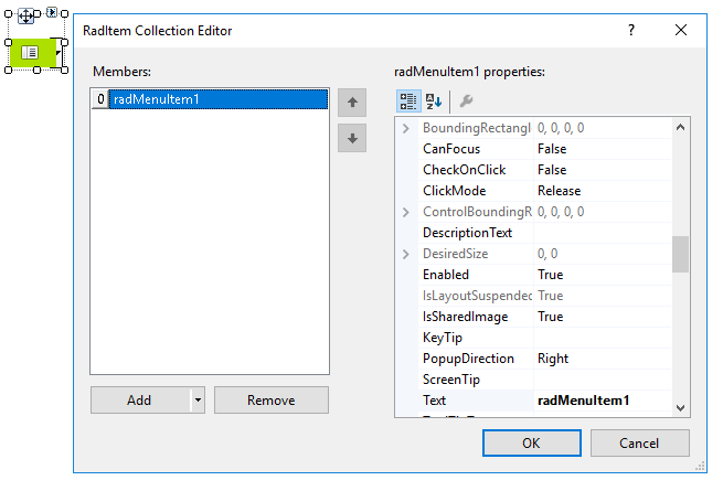 WinForms RadApplicationMenu Adding items at design time