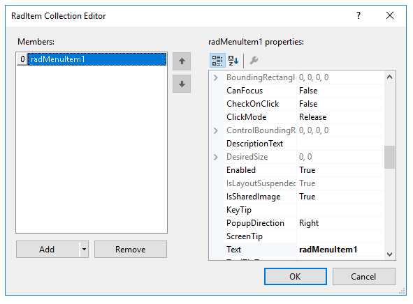 WinForms RadApplicationMenu RadItem Collection Editor