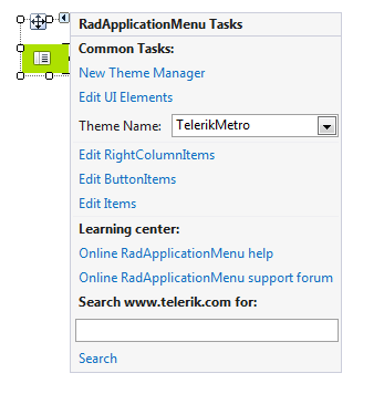 WinForms RadApplicationMenu Smart Tag Options