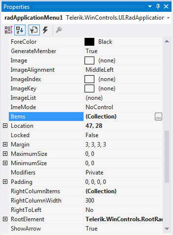 WinForms RadApplicationMenu Visual Studio Properties window