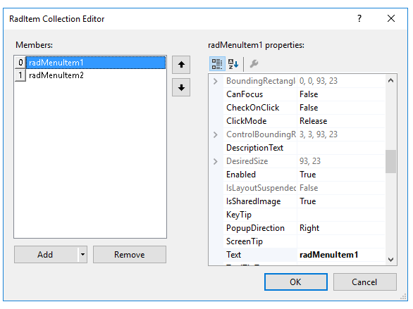 WinForms RadMenus MenuItems Collection Editor