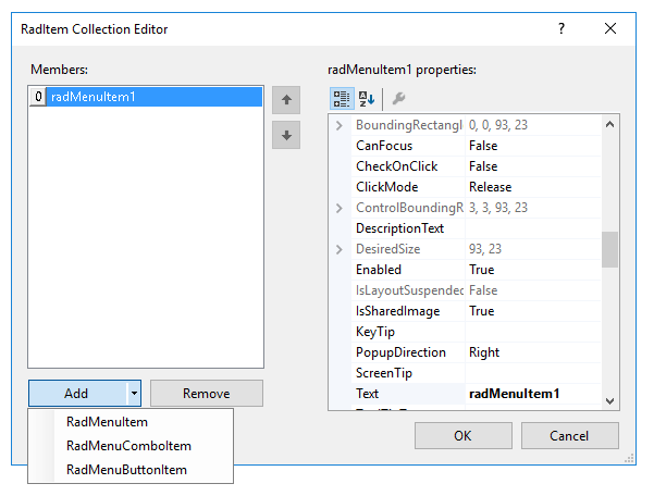 WinForms RadMenus Items Collection Editor