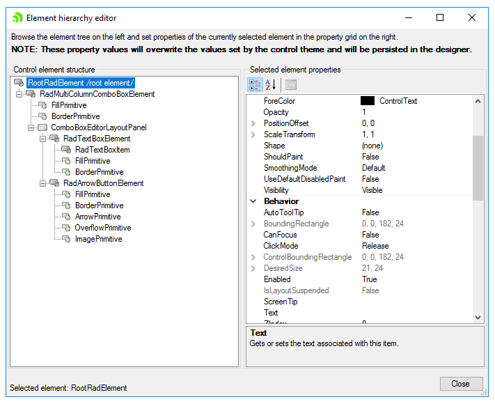 WinForms RadMultiColumnComboBox Element Hierarchy Editor