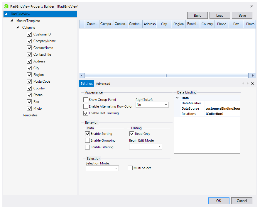 WinForms RadMultiColumnComboBox GridView Property Builder