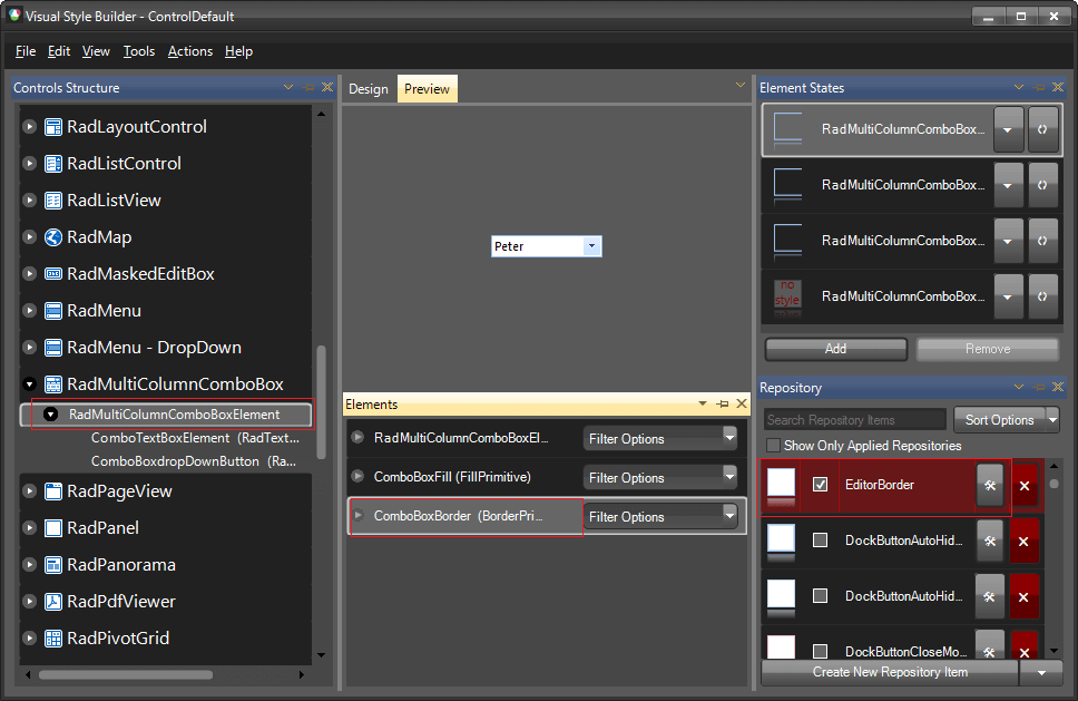 WinForms RadMultiColumnComboBox Visual Style Builder