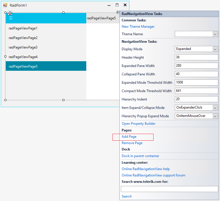 WinForms RadNavigationView Design Time