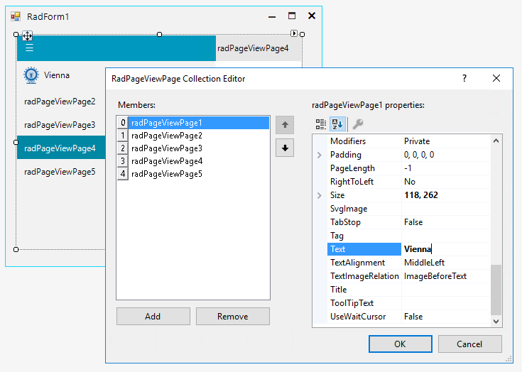 WinForms RadNavigationView Page Collection Editor Window