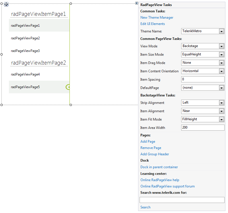 WinForms RadPageView Backstage Smart Tag