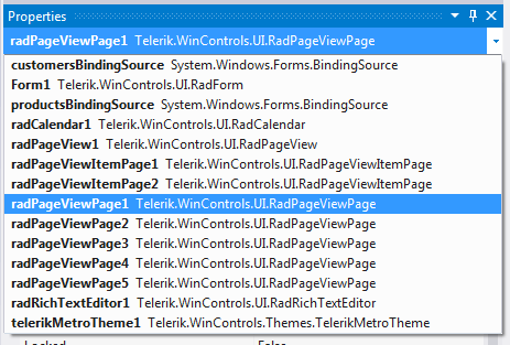 WinForms RadPageView VS Properties Window