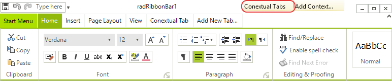 WinForms RadRibbonBar Contextual Tabs Groups Structure
