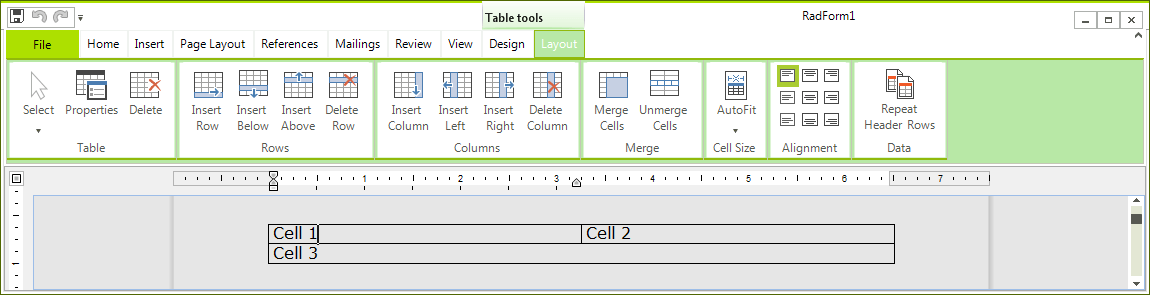 WinForms RadRichTextEditor Table tools Contextual Tab