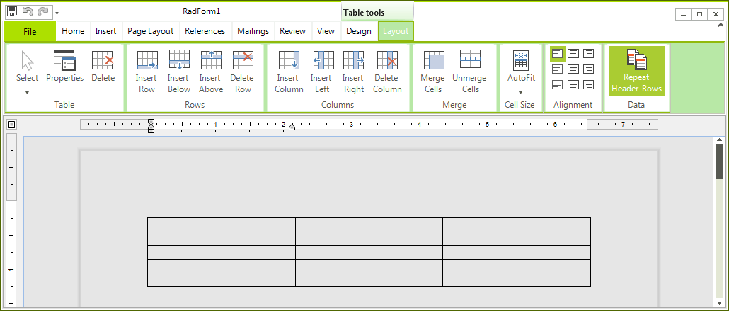 WinForms RadRichTextEditor Repeat Table Header Rows button in the Table Tools contextual menu