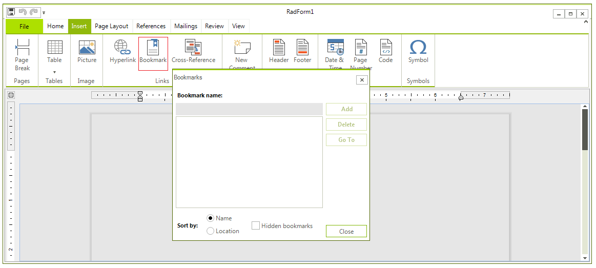 WinForms RadRichTextEditor Adding Bookmarks 