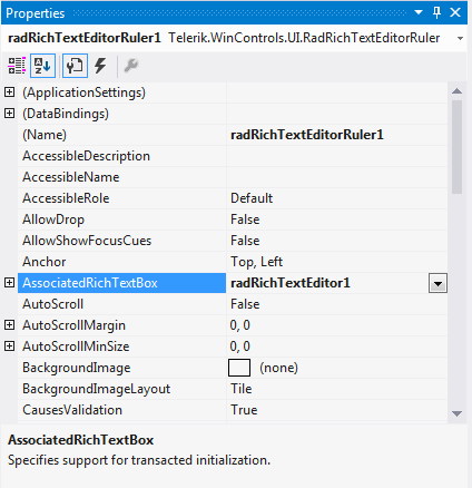 WinForms RadRichTextEditor RadRichTextEditorRuler Properties Window