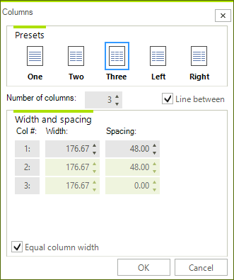 WinForms RadRichTextEditor Customizing the width and spacing of columns using dialog