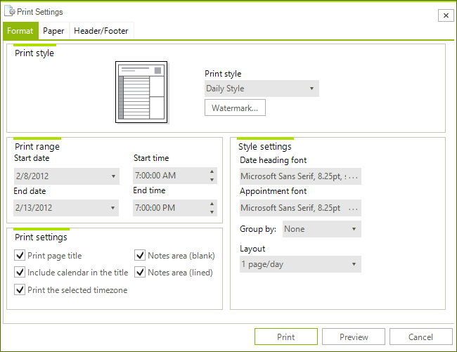 WinForms RadScheduler Print Settings Dialog