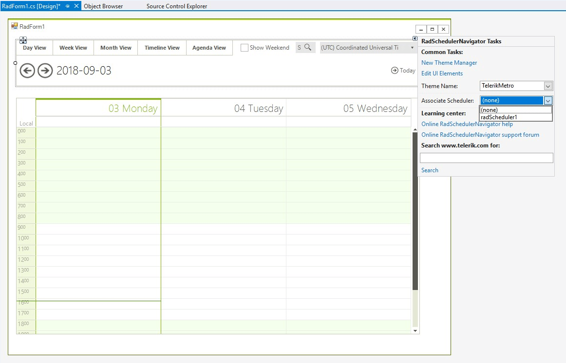 WinForms RadScheduler RadSchedulerNavigator Designer