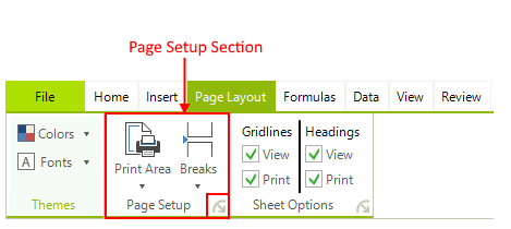WinForms RadSpreadsheet Page Setup section in ribbon