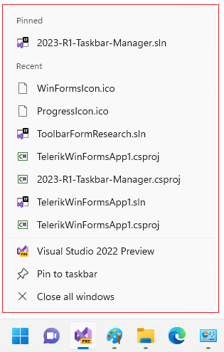 WinForms TaskbarButton Jump List