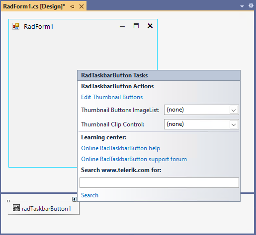 WinForms RadTaskbarButton SmartTag