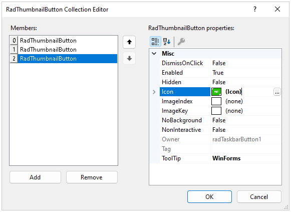 WinForms RadTaskbarButton Thumbnail Buttons