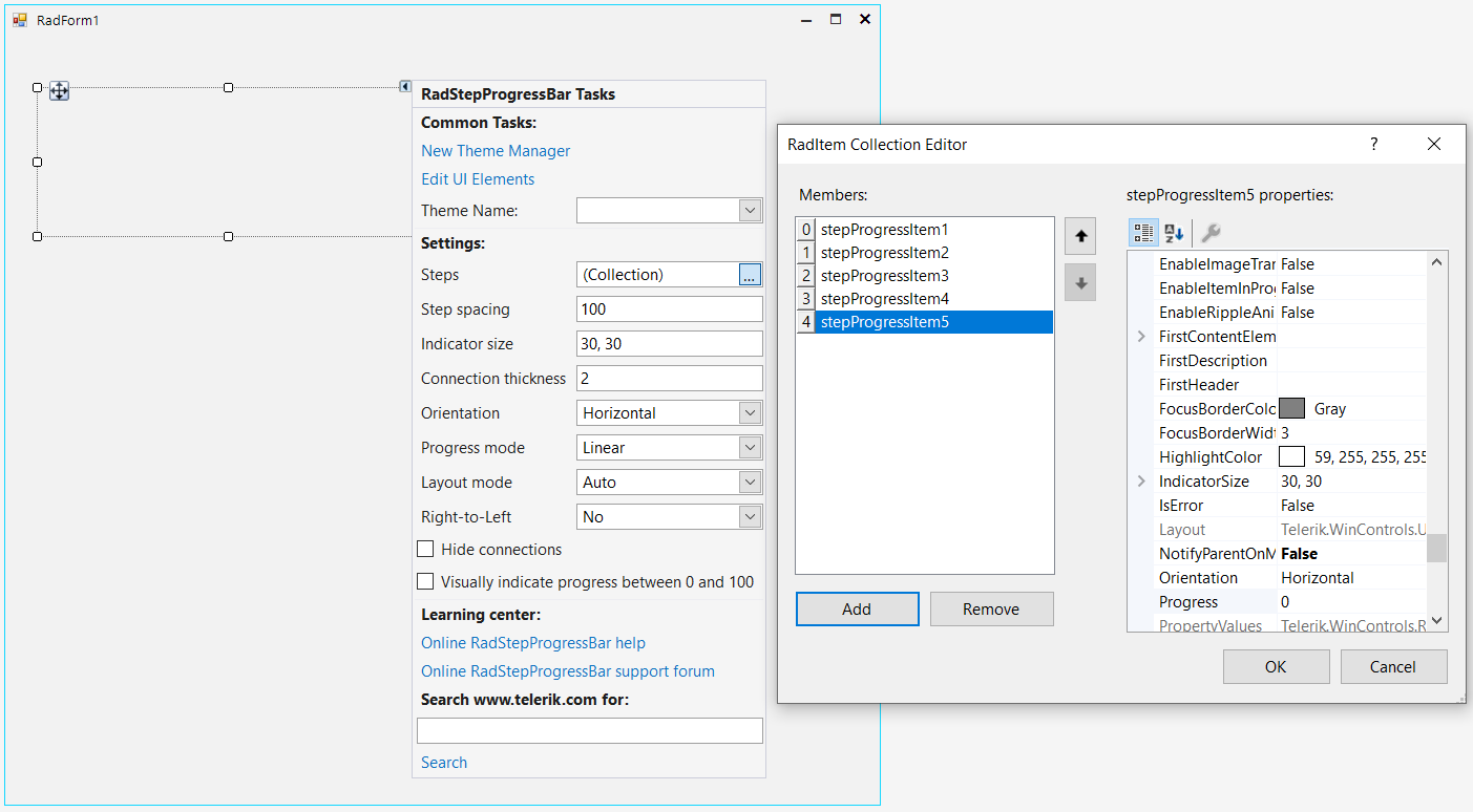 WinForms RadStepProgressBar Adding Step Progress Items