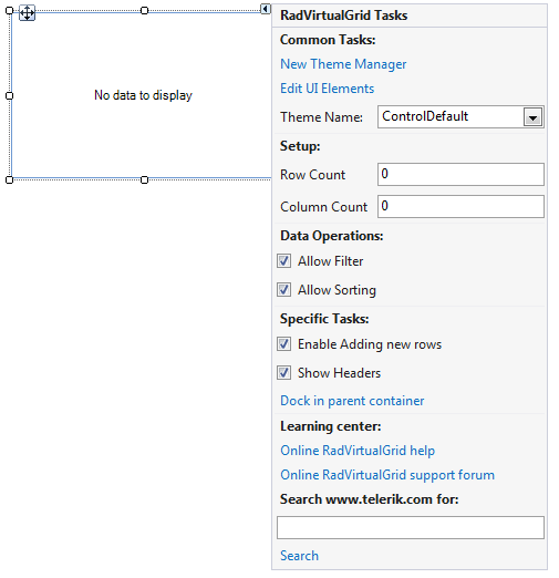 WinForms RadVirtualGrid Design Time Smart Tag