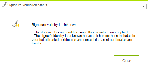 WinForms RadPdfViewer SignaturePropertiesDialog showing the status of a signature