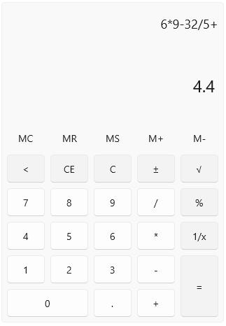 A picture showing WinUI RadCalculator with basic calculations performed