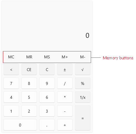 WinUI RadCalculator image with highlighted memory buttons