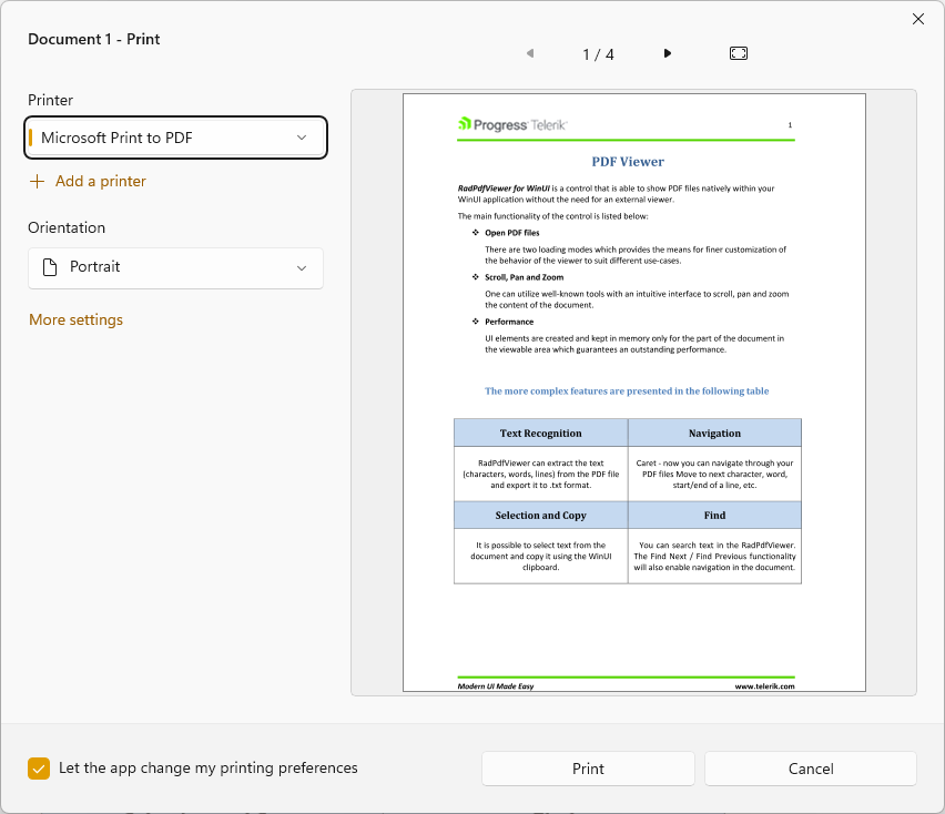 WinUI RadPdfViewer Print Dialog Picture