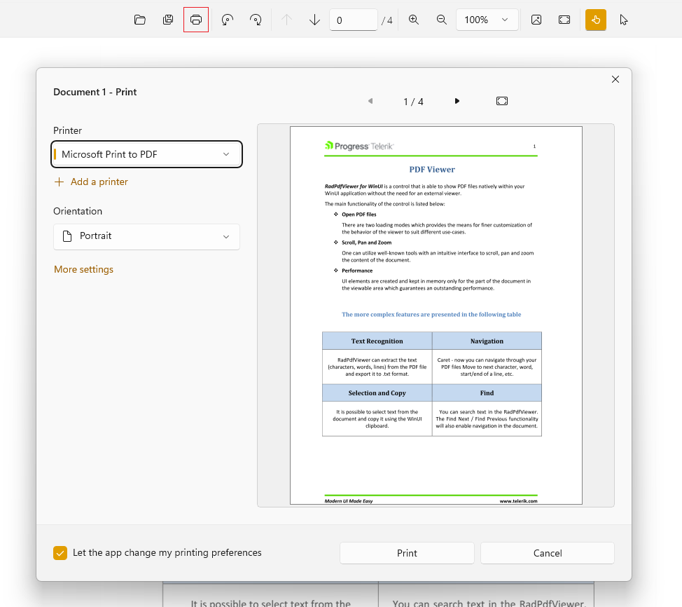 WinUI RadPdfViewer Print Button in ToolBar Picture