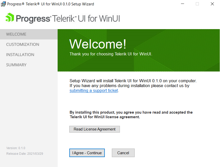 WinUI Installing from MSI Welcome Page