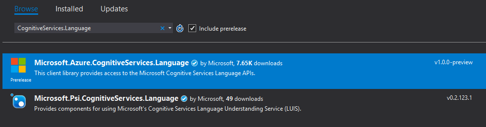 Add the Microsoft.Azure.CognitiveServices.Language NuGet Package