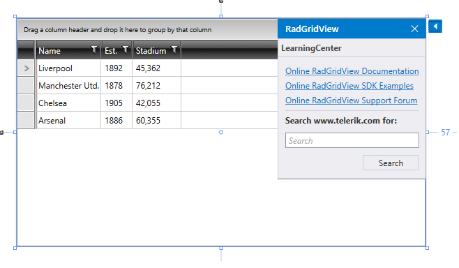 Available resources for the RadGridView control