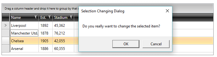 Confirmation dialog on changing the selected item of the RadGridView