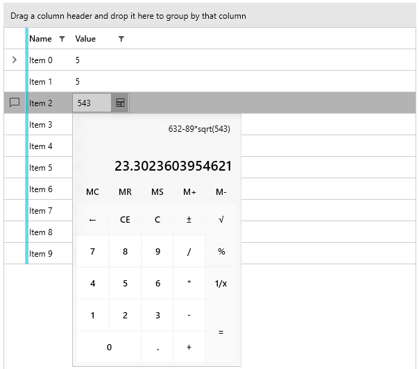 A picture showing WPF RadCalculator as the editor of RadGridView cells