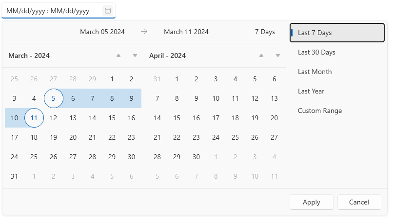 Picture showing the pre-defined custom date ranges of WPF RadDateRangePicker