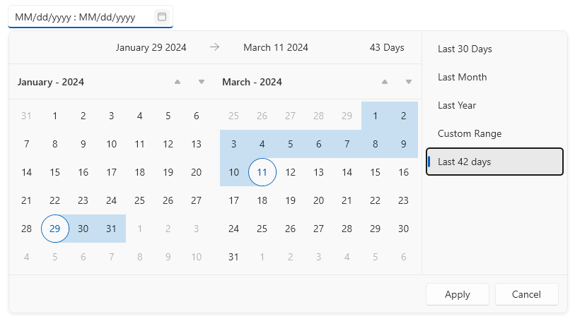 Picture showing a new custom date range added to WPF RadDateRangePicker
