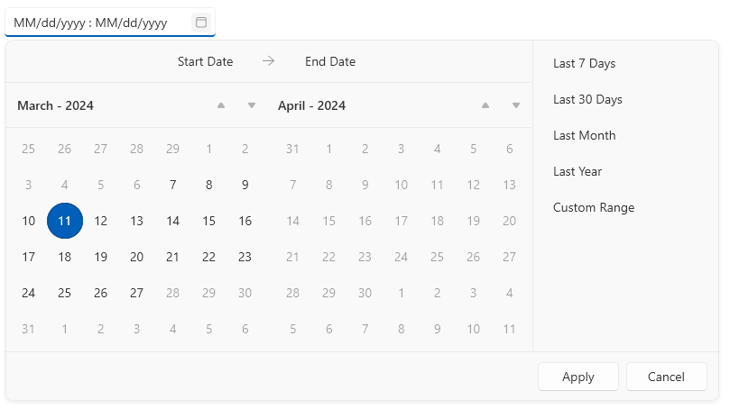Picture showing WPF RadDateRangePicker with a limited range of selectable dates