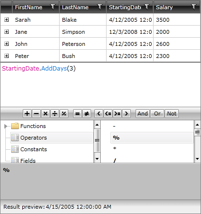 WPF RadExpressionEditor AddDays Method