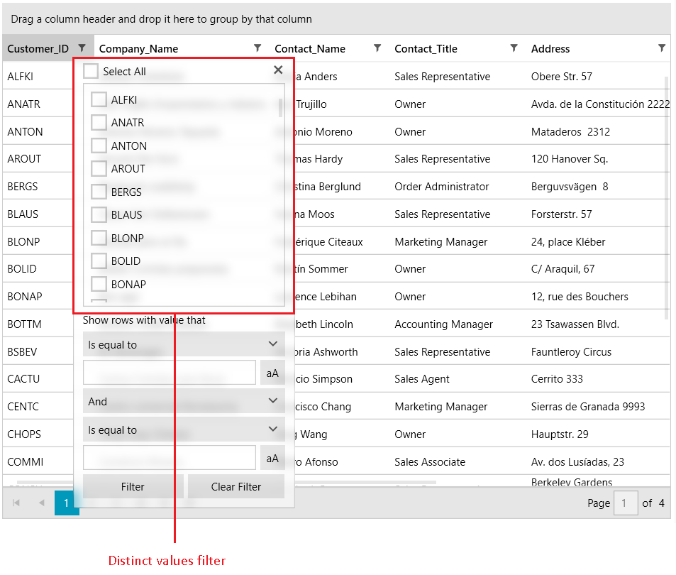 A picture that shows the distinct values filter in the column's FilteringControl