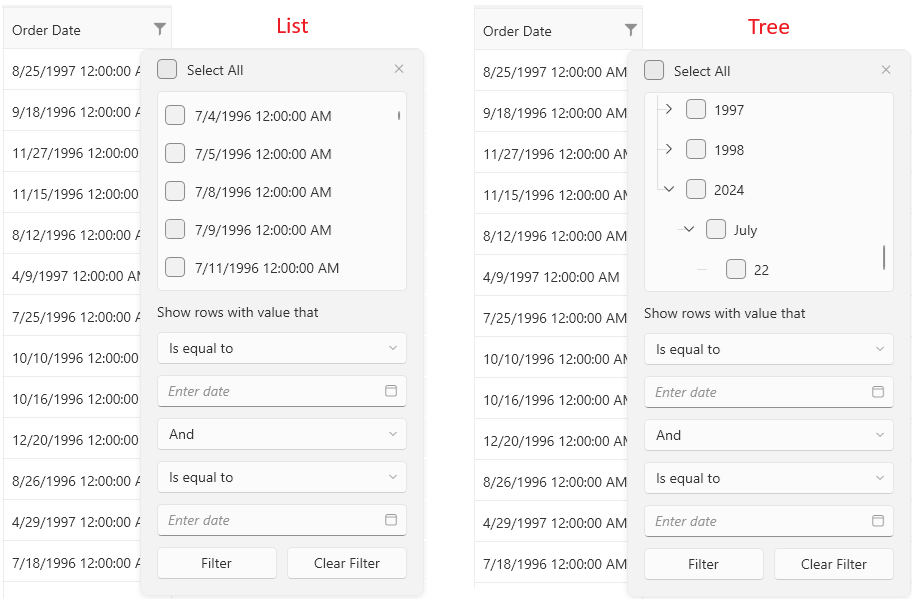 A picture showing RadGridView for WPF with Tree and List distinct values display modes comparison