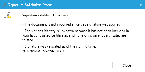 WPF RadPdfViewer SignaturePropertiesDialog showing the status of a signature