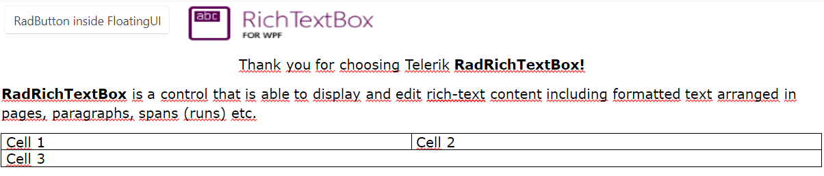 RadRichTextBox with a FloatingUIContainer containing a RadButton element