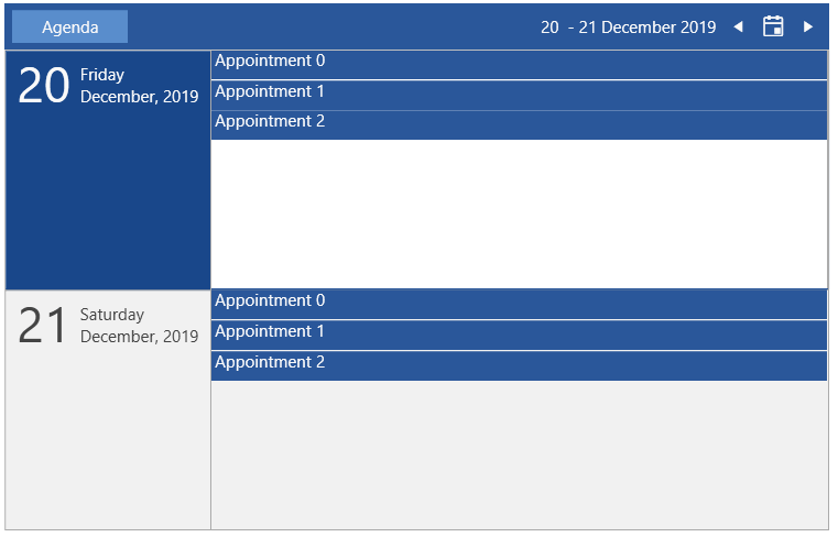 WPF RadScheduleView AgendaViewDefinition with 2 visible days